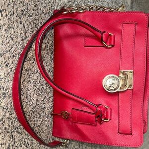 MICHAEL KORS HAMILTON MANDARIN RED SAFFIANO LEATHER GOLD SATCHEL
